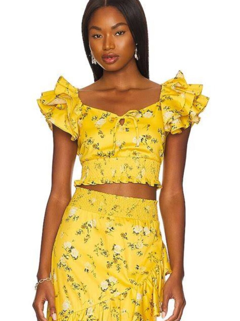 Alice + Olivia Shanae Ruffle Sleeve Tie Yellow Crop Top
